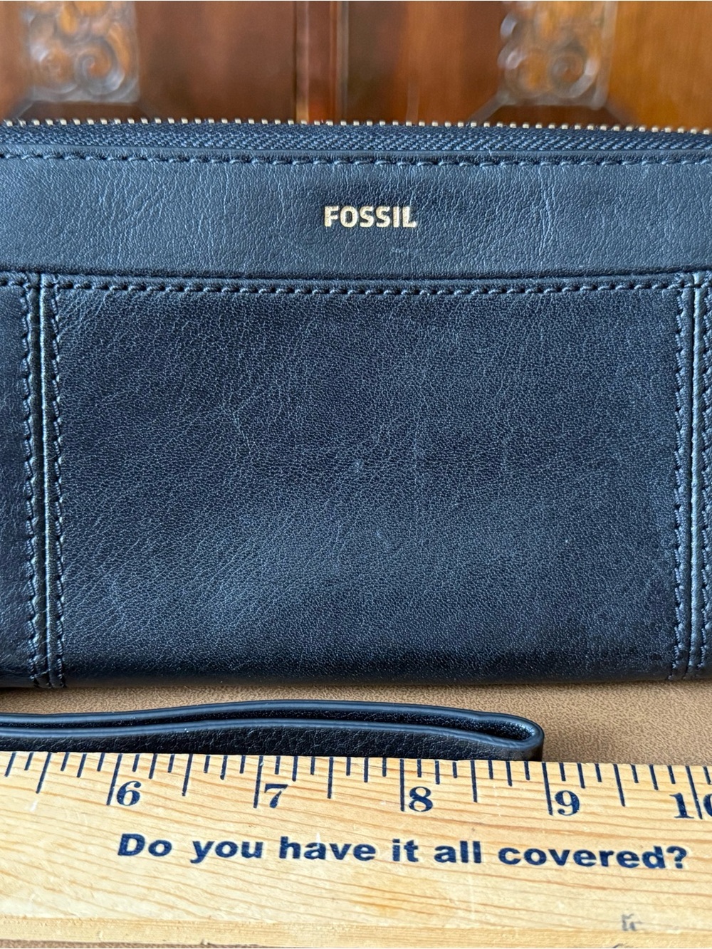 Fossil Black Leather Wristlet with Gold Logo